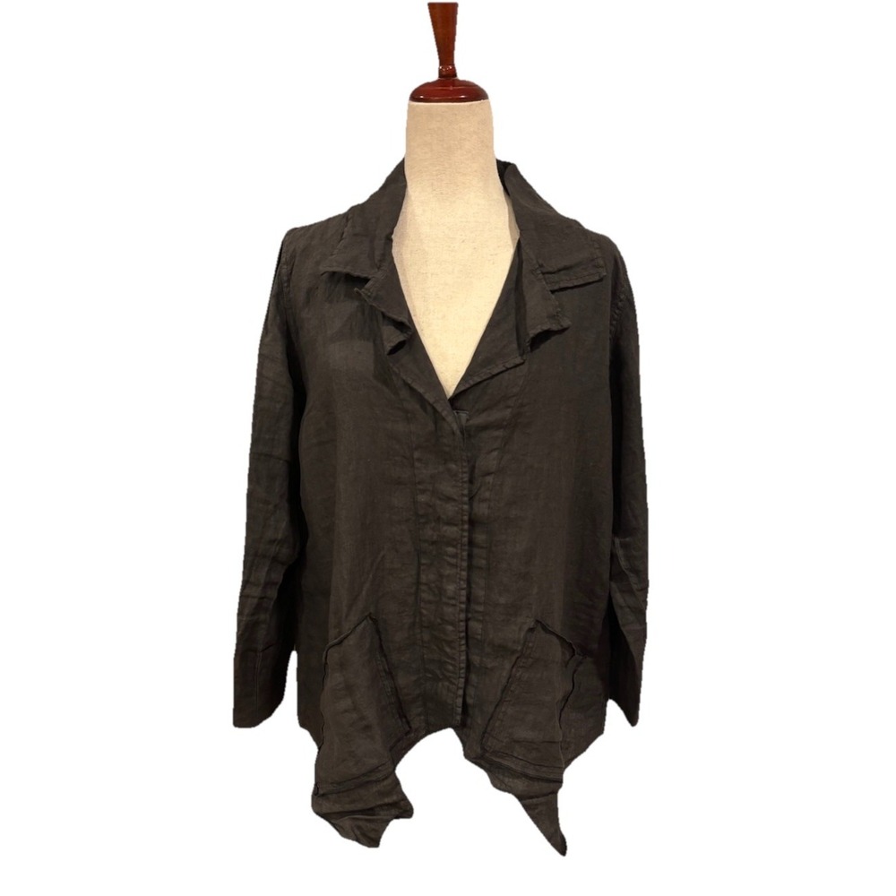 CYNTHIA ASHBY 100% Linen Lagenlook Oversized Jacket Snaps Pockets Grey Womens XS